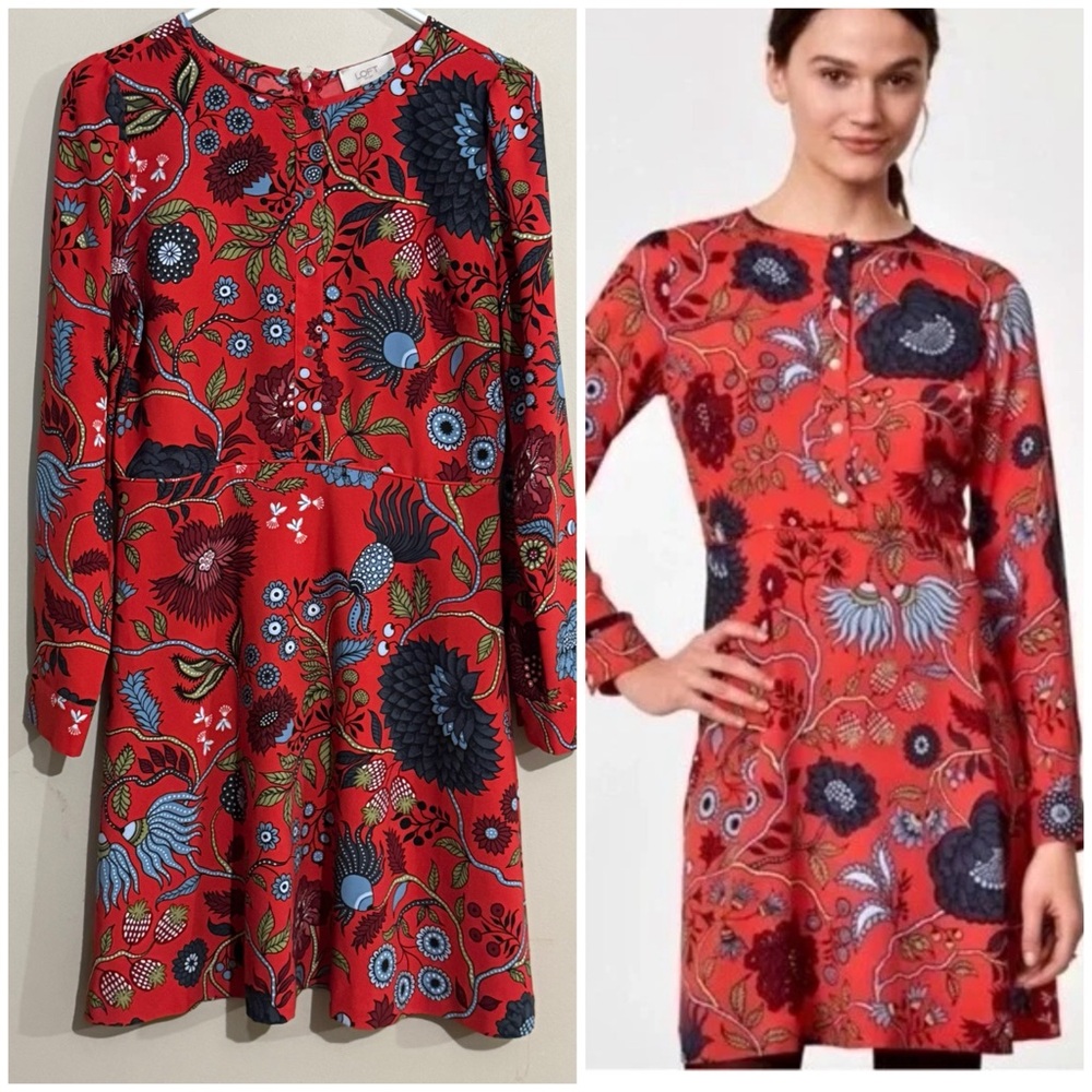 LOFT Red Floral Long Sleeve Dress Boho Paisley Women's Size 4 Office Wear